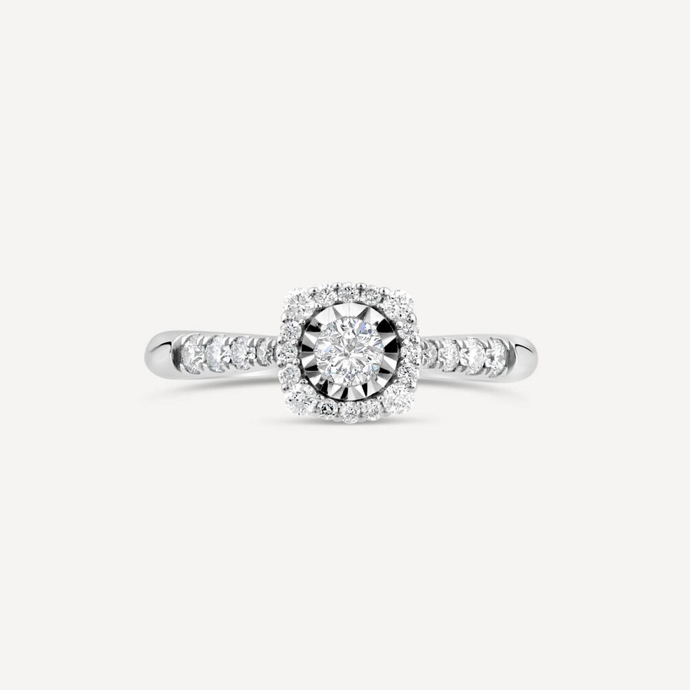 9ct White Gold 0.39ct Square Illusion Diamond Halo Shoulders Ring image number 1
