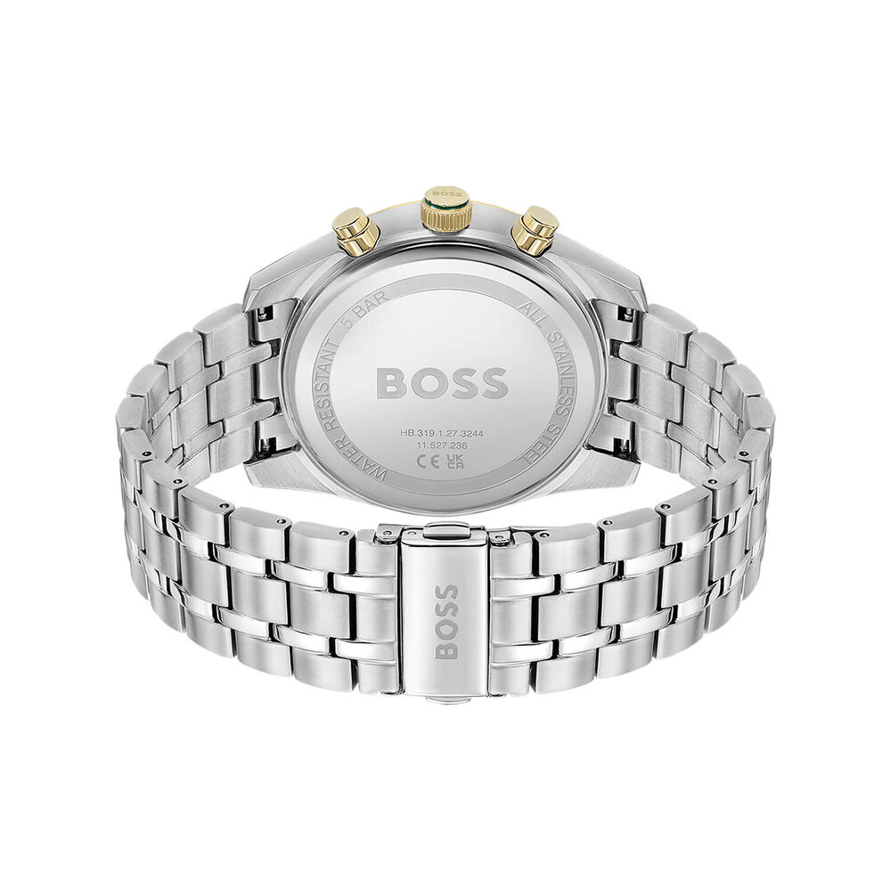 BOSS Skytraveller Chronograph 44mm Green Dial Gold Tone Bezel Steel Bracelet Watch image number 3