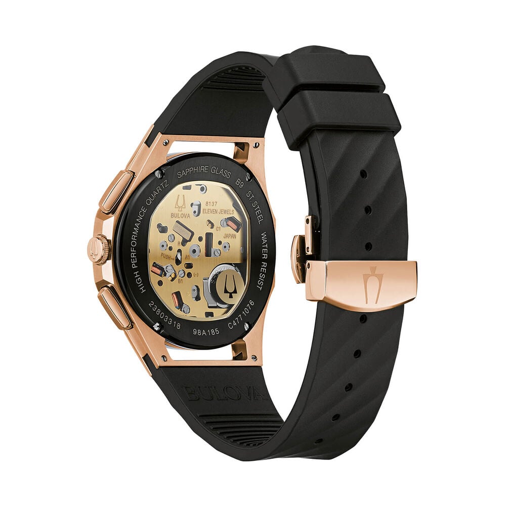 Bulova CURV 44mm Black Dial Rose Gold Tone Steel Case Rubber Strap Watch image number 1