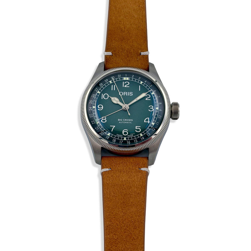 Pre-Owned Oris Big Crown 38mm Green Dial Steel Case Tan Strap Watch