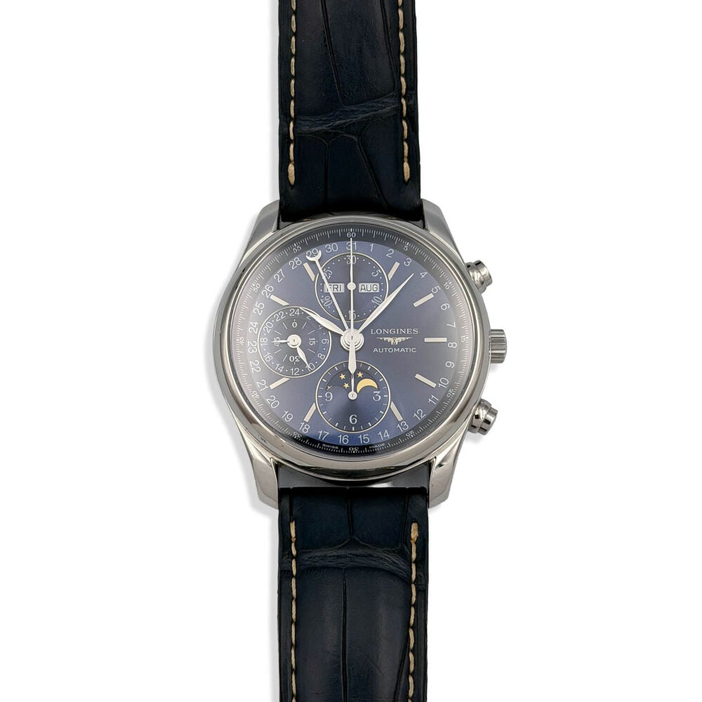Pre-Owned Longines Master Collection Chrono Moonphase 40mm Blue Dial Leather Strap Watch