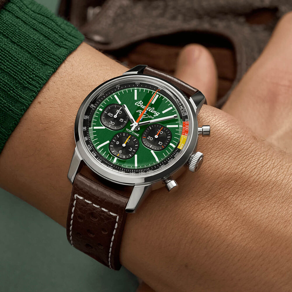 Breitling Top Time B01 41mm Chronograph Mustang Green Dial Brown Strap Watch image number 1