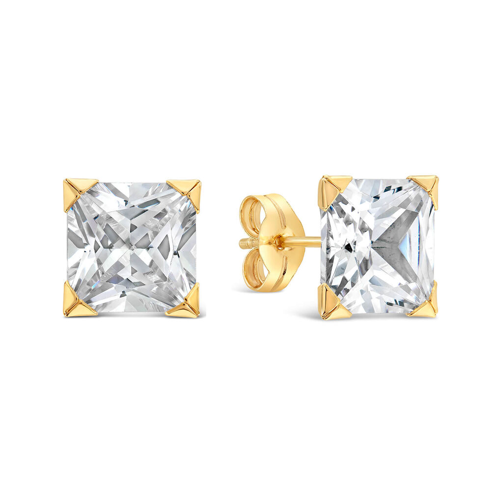 9ct Yellow Gold 8MM Princess Cut Cubic Zirconia Stud Earrings image number 1