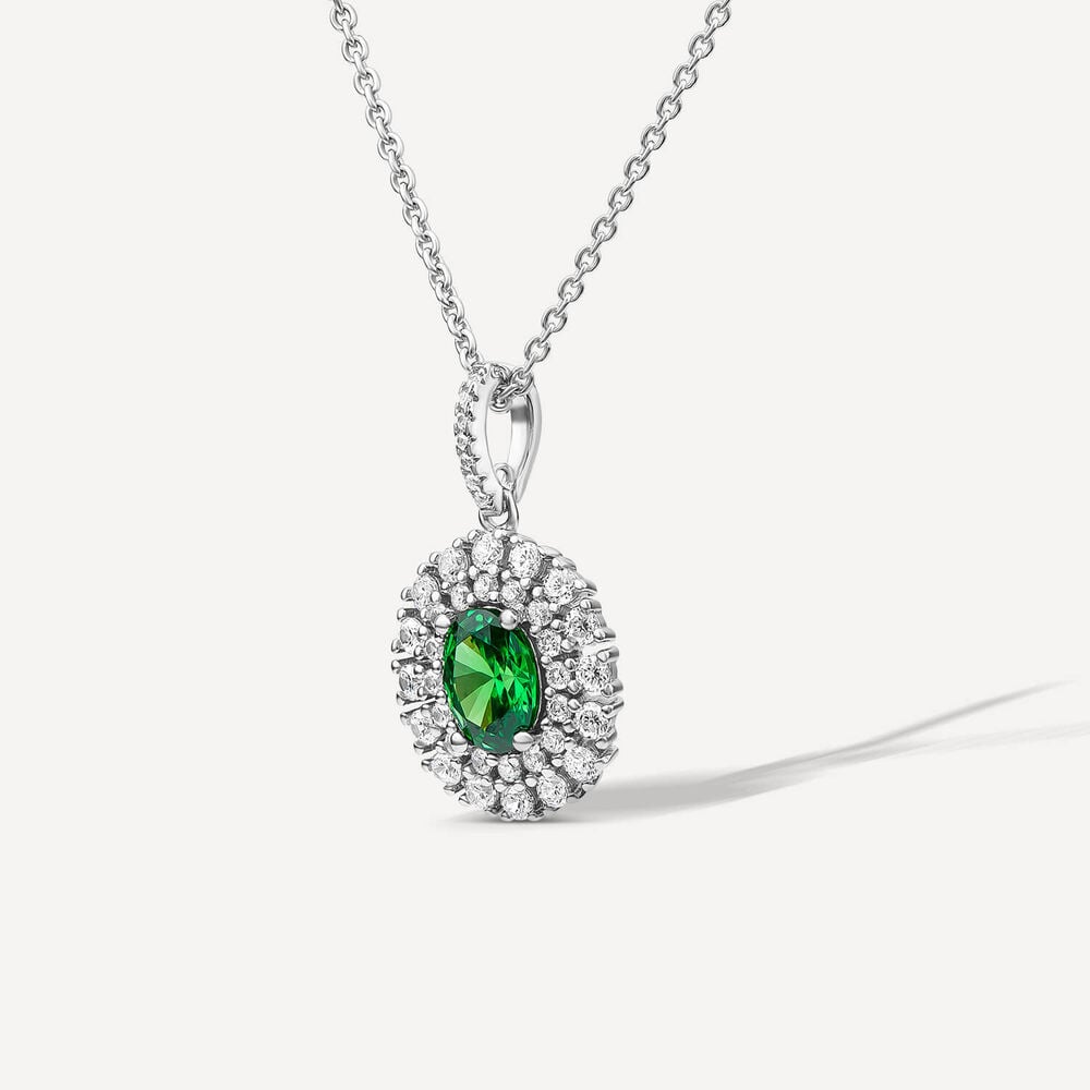 Sterling Silver Green & White Cubic Zirconia Double Halo Pendant