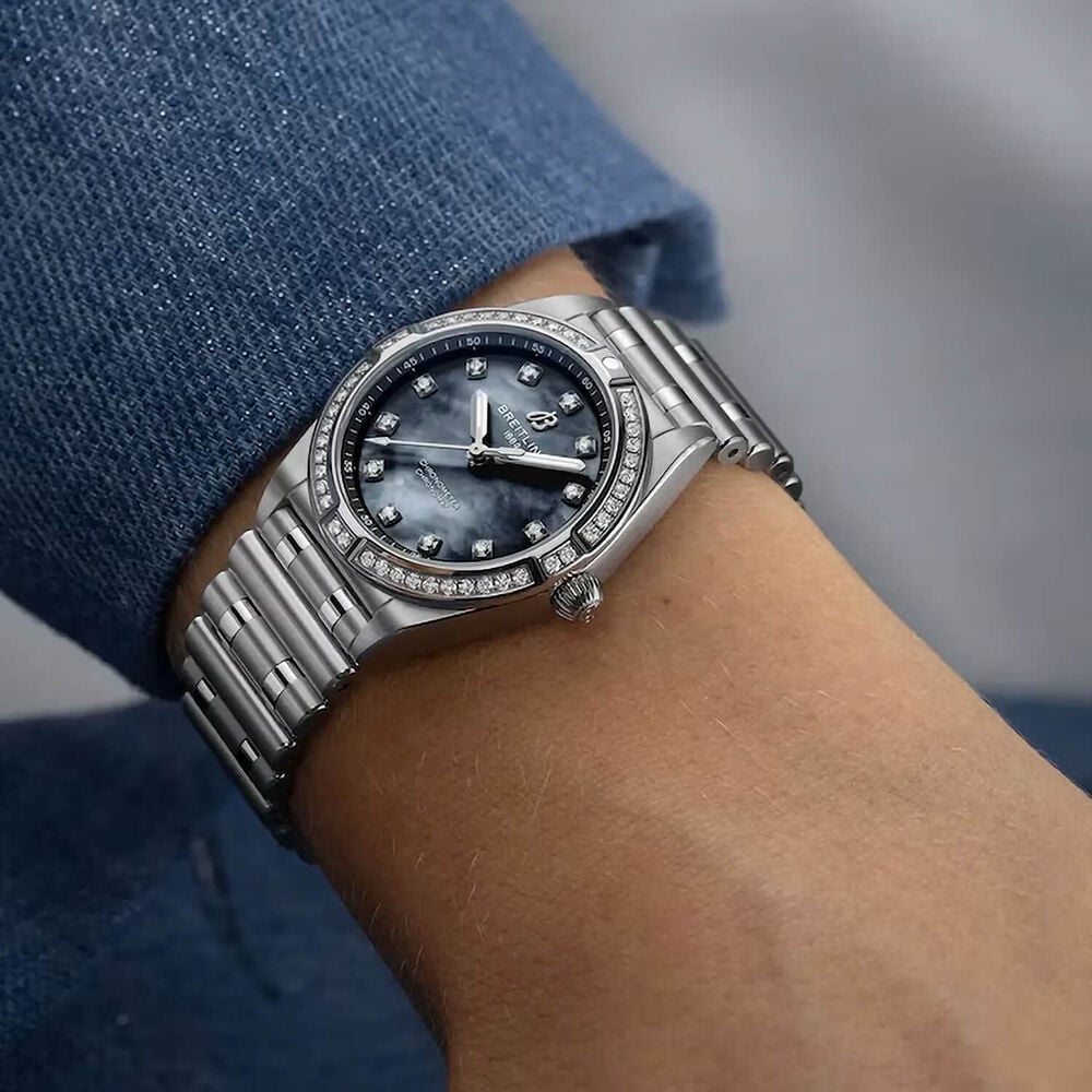 Breitling Chronomat 28mm Black MOP Dial Diamond Dots Steel Bracelet Watch image number 4