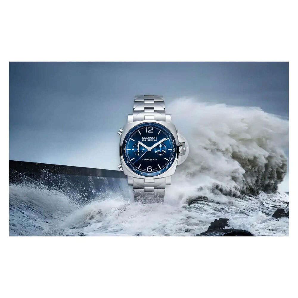 Panerai Luminor 44mm Chrono Blue Dial Silver Bracelet Watch image number 2