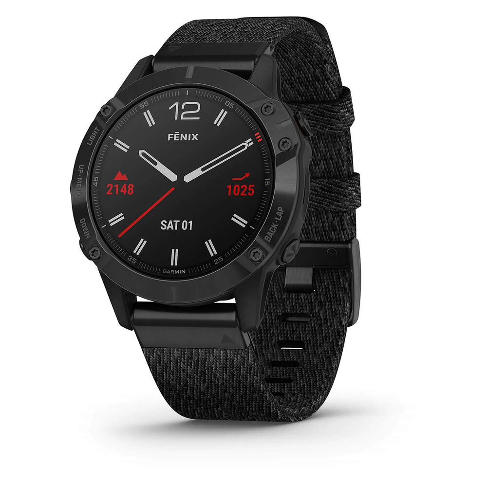 Garmin Fenix 6 Sapphire Black DLC Heathered Nylon Band Smartwatch