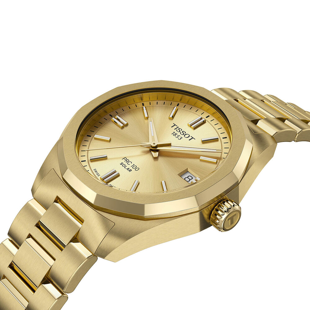 Tissot PRC 100 Solar 34mm Gold Dial Yellow Gold PVD Steel Bracelet Watch