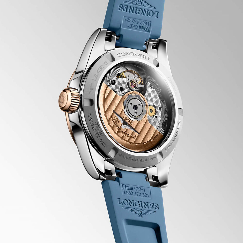 Longines Conquest 34mm Blue Dial Rose Gold Bezel Rubber Strap Watch image number 3