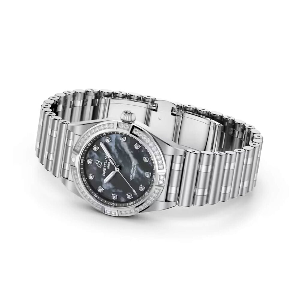 Breitling Chronomat 28mm Black MOP Dial Diamond Dots Steel Bracelet Watch image number 2