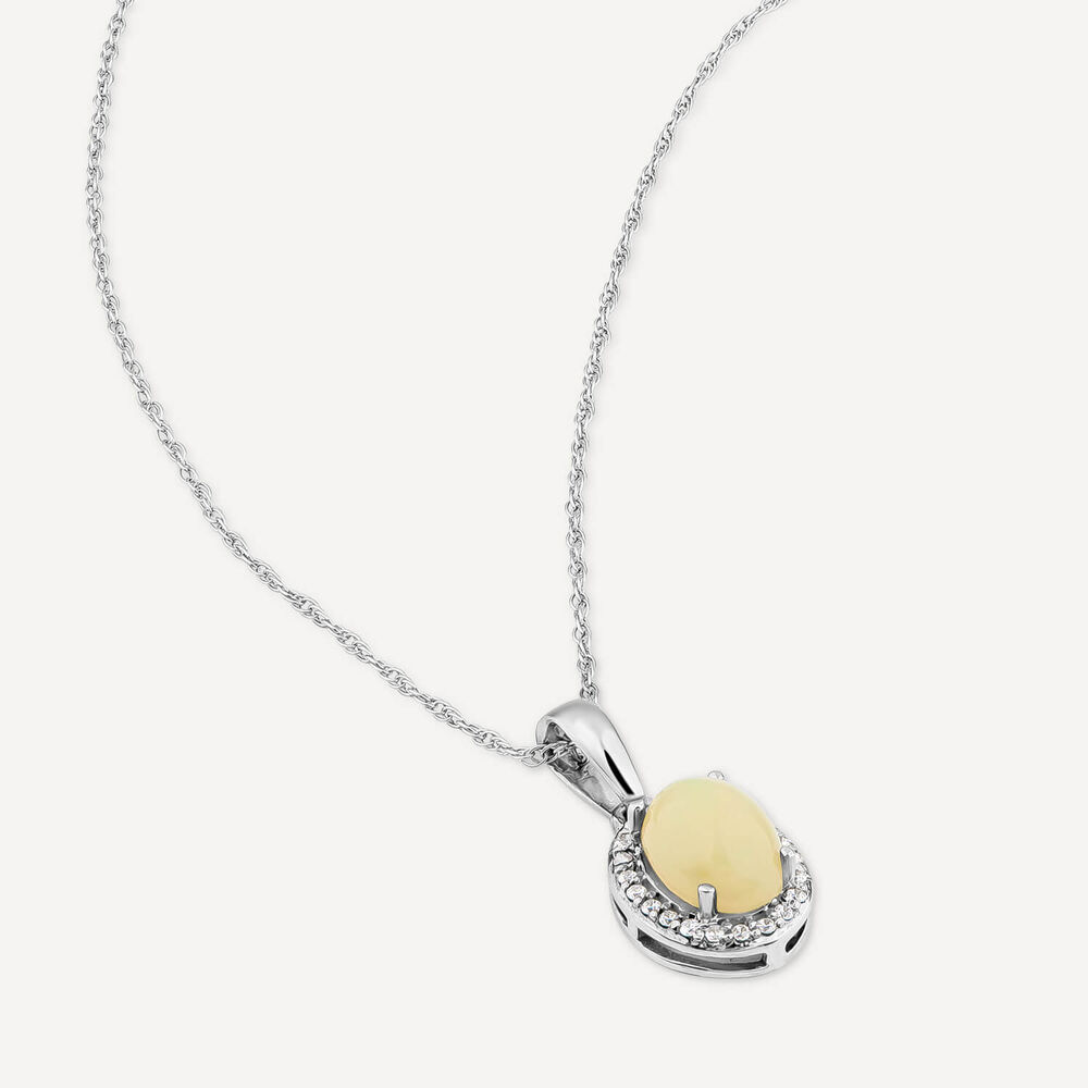 9ct White Gold Oval Opal & 0.06ct Diamond Halo Pendant image number 3