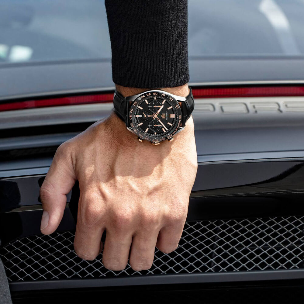 TAG Heuer Carrera 44mm Black Chrono Yellow Gold Detal Steel Case Watch image number 4