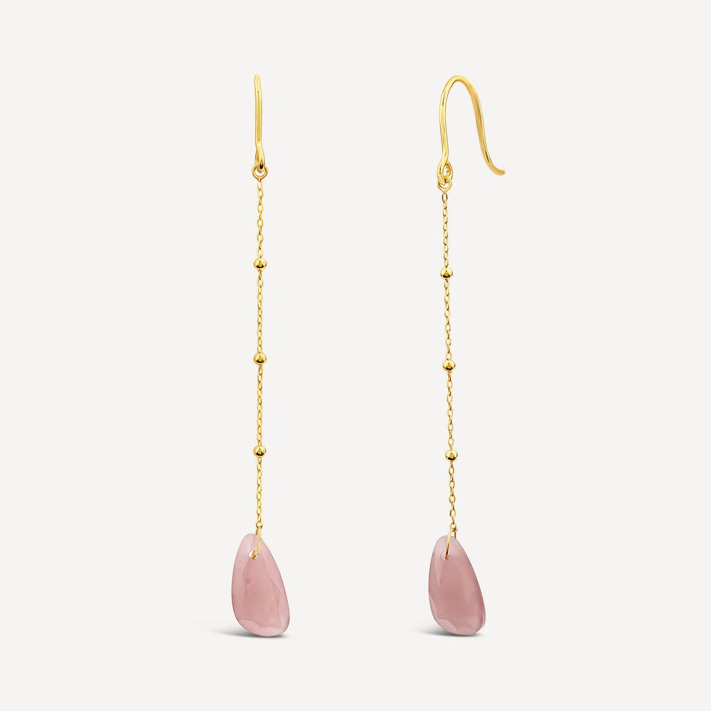 9ct Yellow Gold Bead Chain Peach Chalcedony Pebble Drop Earrings
