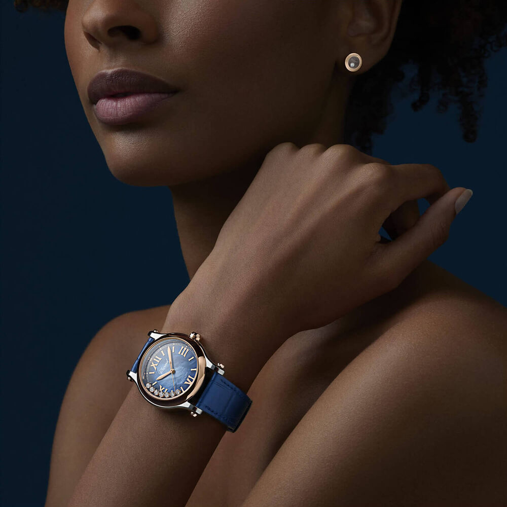 Chopard Happy Sport 36mm MOP Diamonds Blue Dial Leather Strap Watch image number 3