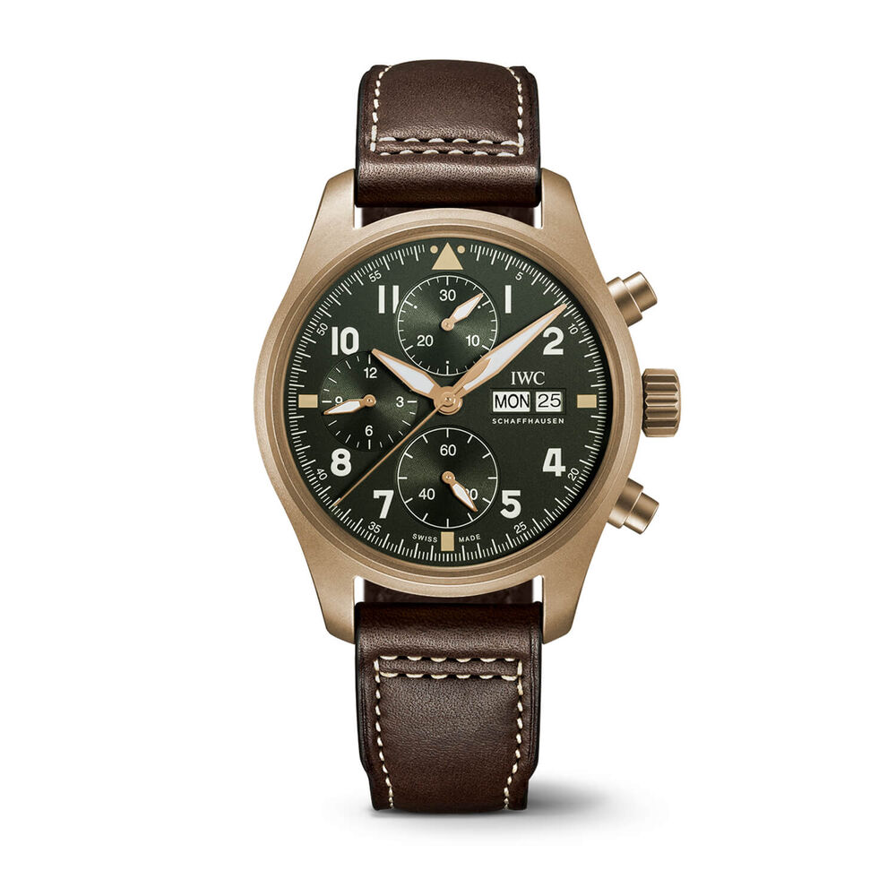 Pre-Owned IWC Schaffhausen Pilot's Watch Chronograph Spitfire Green Dial Brown Strap Watch image number 0