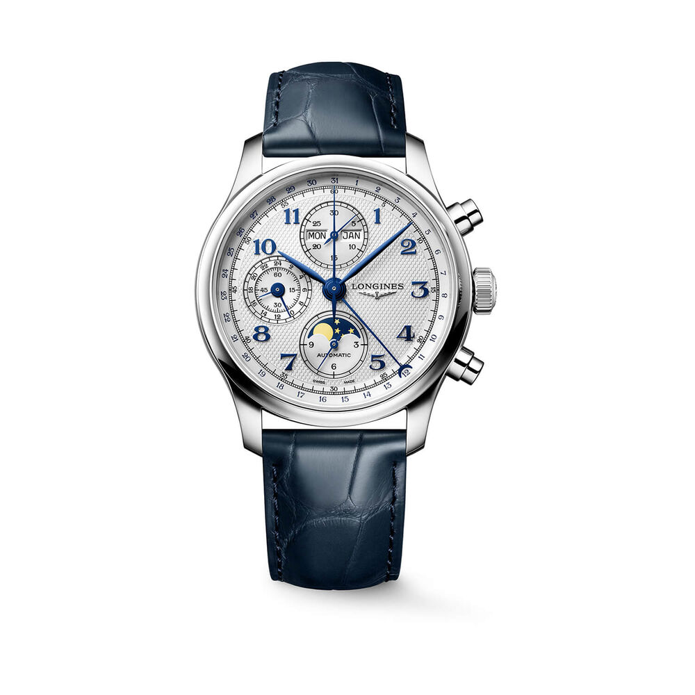 Longines Master Collection Chrono Monopusher 41mm Blue Barleycorn Dial Leather Strap Watch