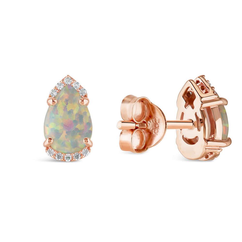 9ct Rose Gold Created Opal Diamond Top & Bottom Pear Stud Earrings image number 4