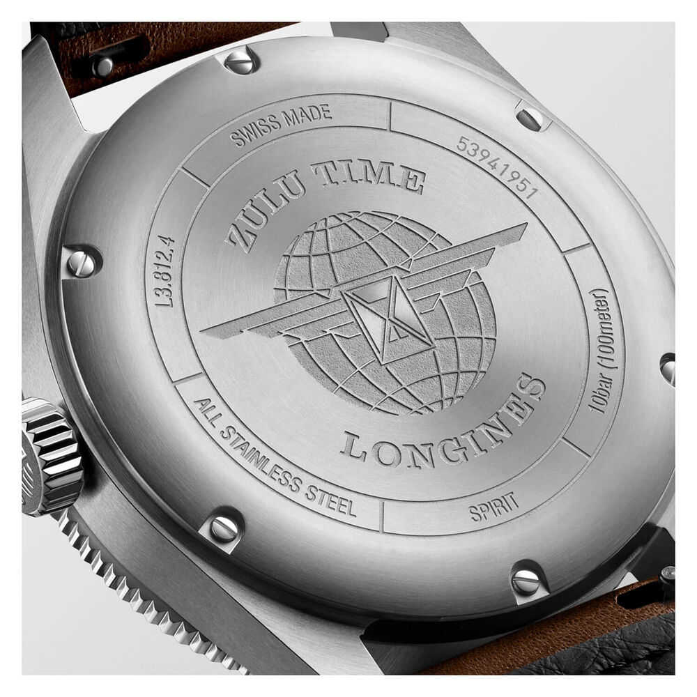 Longines Spirit Zulu 42mm Automatic Black Dial Black Bezel Brown Leather Strap Watch image number 3