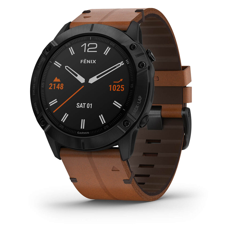 Garmin Fenix 6X Sapphire Black DLC Chestnut Leather Band Smartwatch image number 0