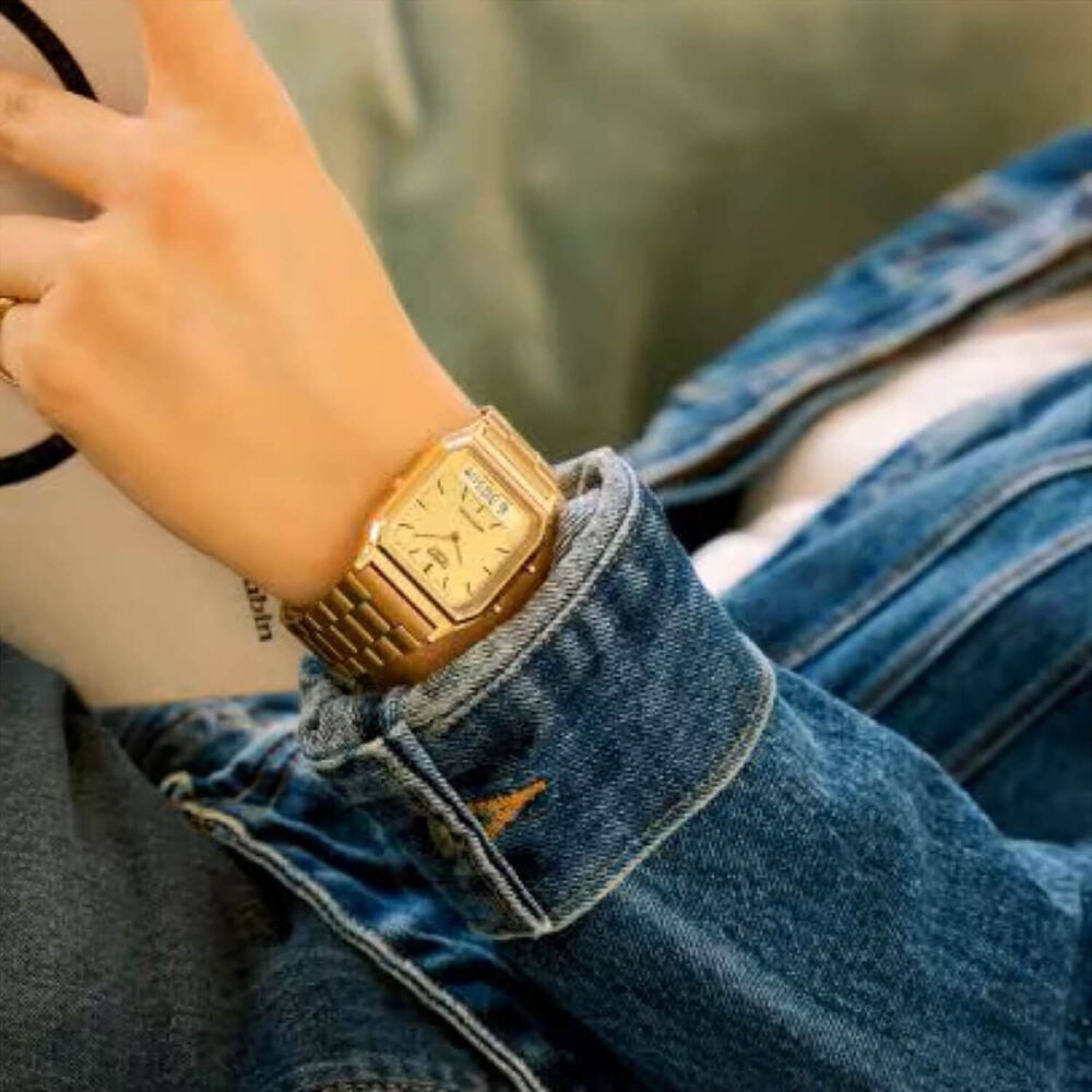 Casio Vintage 38.8x29.8mm Gold Dial Dual Display Gold Tone Stainless Steel Bracelet Watch image number 2