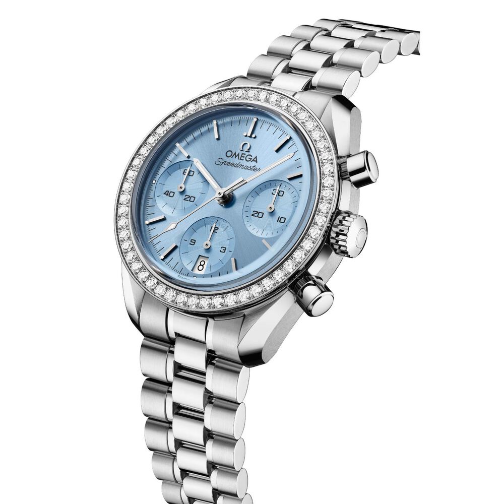 OMEGA Speedmaster 38mm Ice Blue Dial Diamond Set Bezel Steel Bracelet Watch