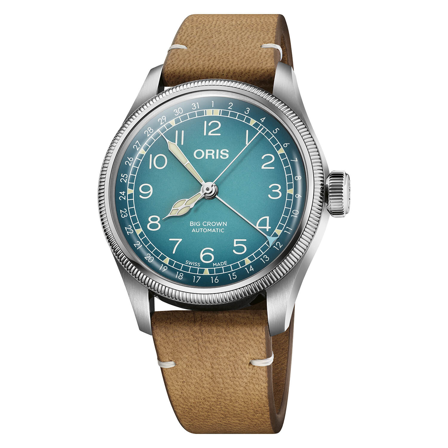 Oris Big Crown 38mm Light Blue Dial Steel Case Tan Strap Watch