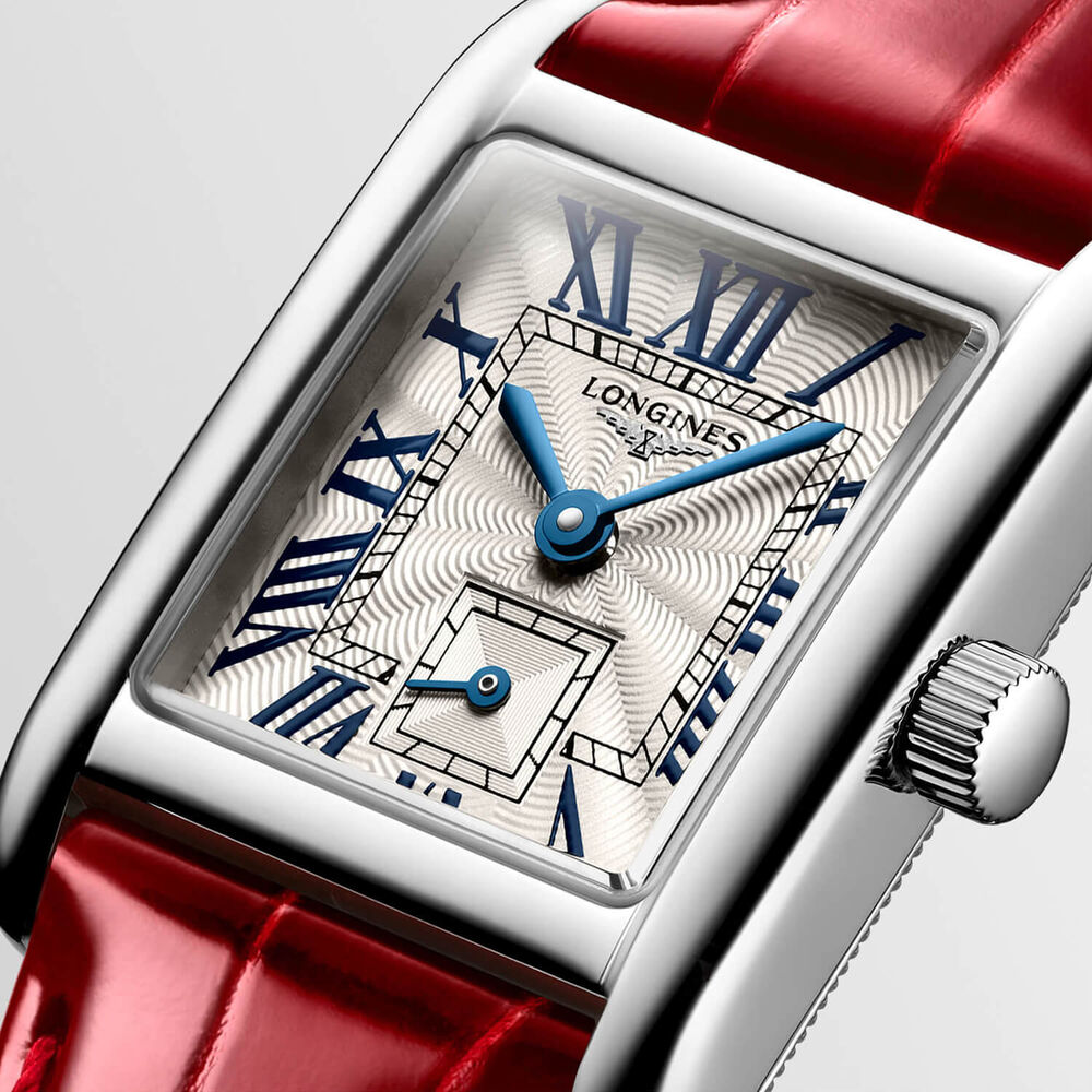 Longines MiniDolcevita 2023 29 X 21.50mm Silver "flinqué" Dial Red Strap Watch image number 3