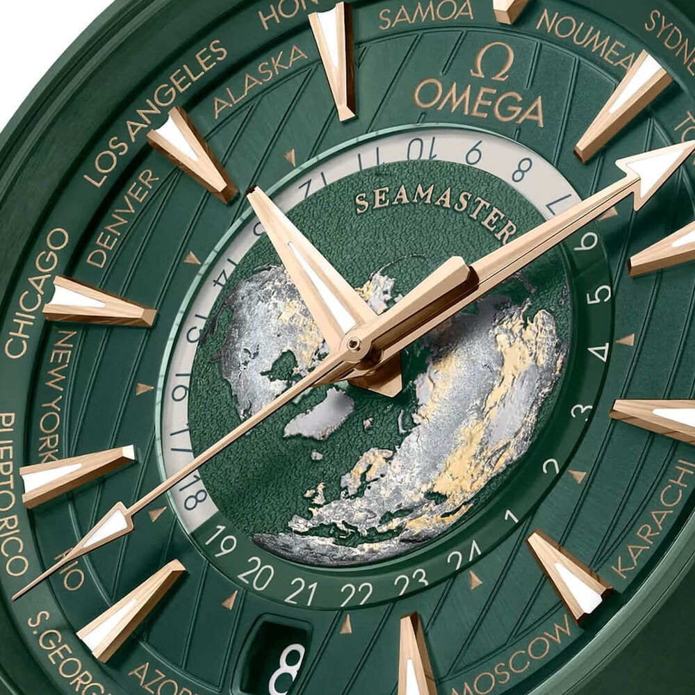 Omega Aqua Terra 150M Co-Axial Master Chronomaster GMT Worldtimer 43mm Green Dial Strap Watch image number 2