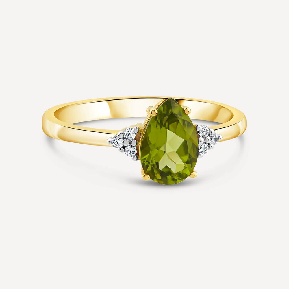 9ct Yellow Gold Pear Peridot & Trefoil 0.05ct Diamond Ring image number 2