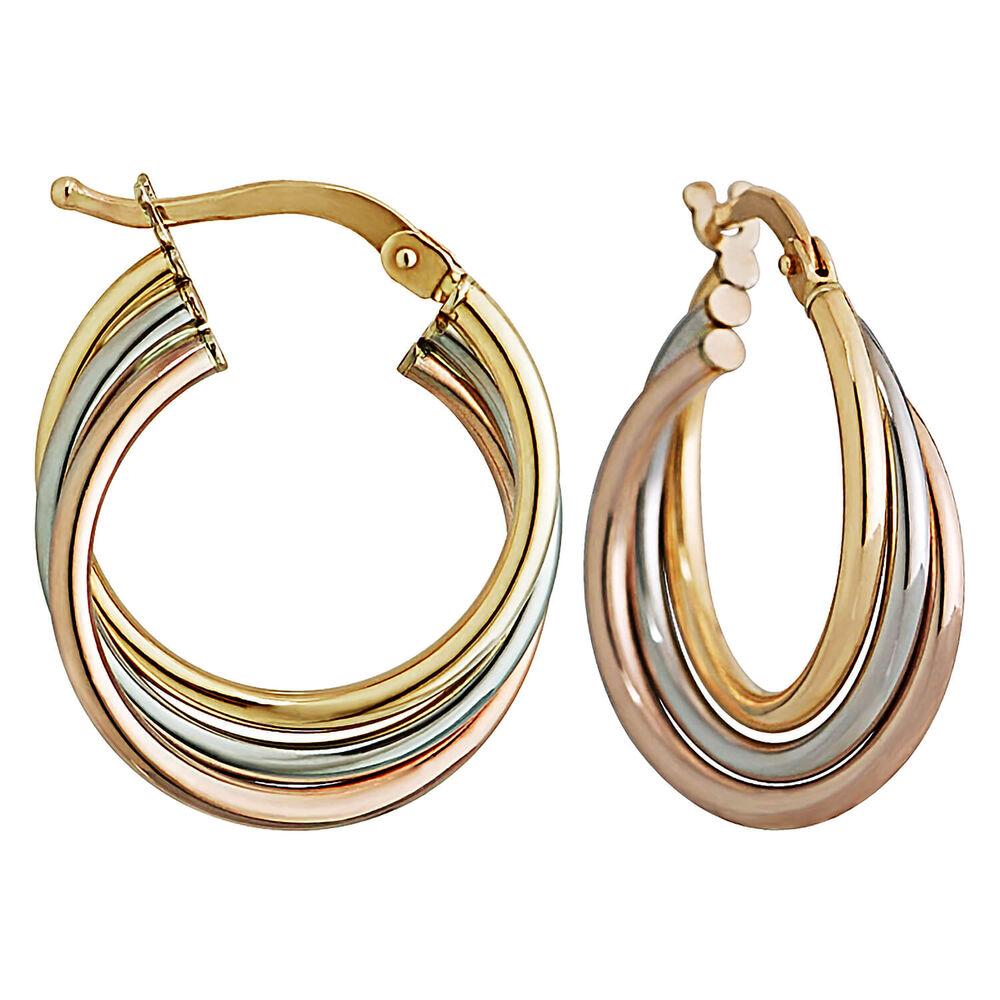9ct Yellow, White and Rose Gold Hoop Earrings image number 0
