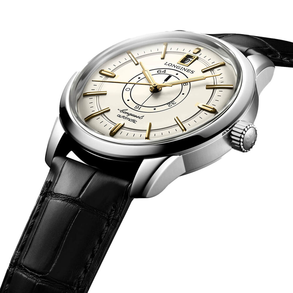 Longines Conquest Heritage Central Power Reserve 38mm Champagne Dial Black Leather Strap Watch image number 2