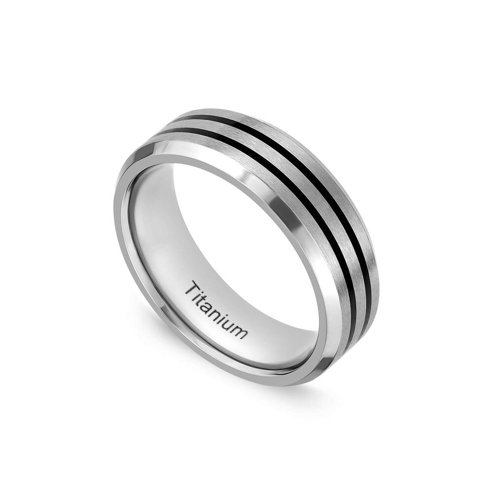 Titanium Centre Black Double Stripe Mens Band Ring