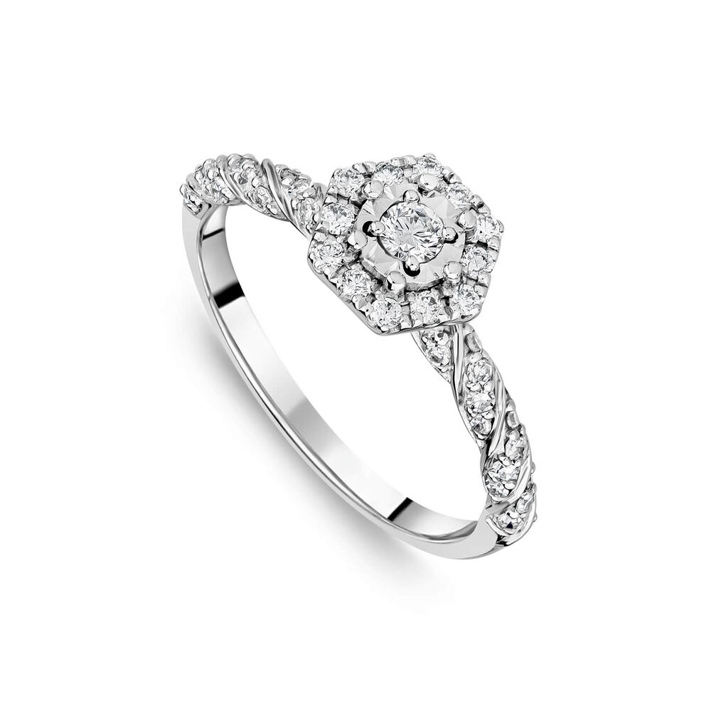 18ct White Gold Hexagon Halo Vintage 0.35ct Diamond Shoulders Ring image number 0