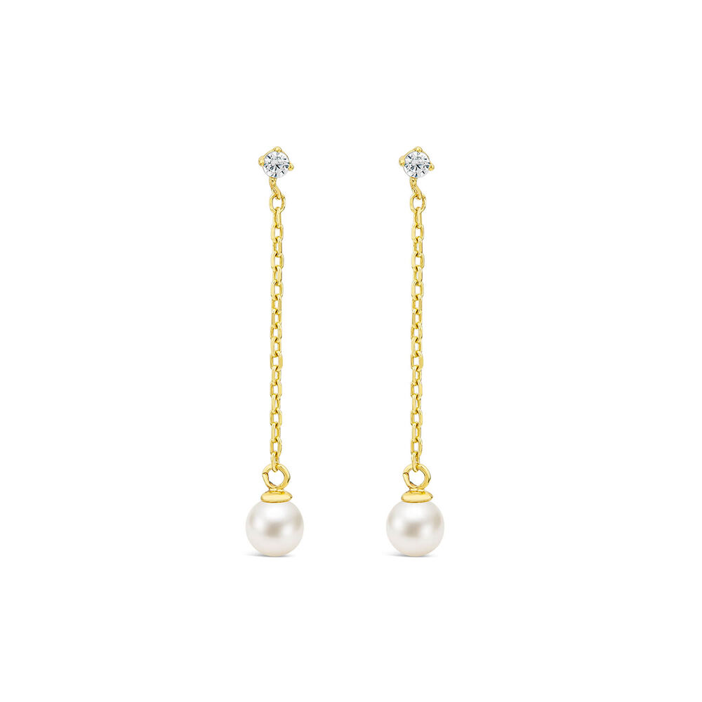 9ct Yellow Gold Cubic Zirconia Top & Chain Pearl Drop Earrings