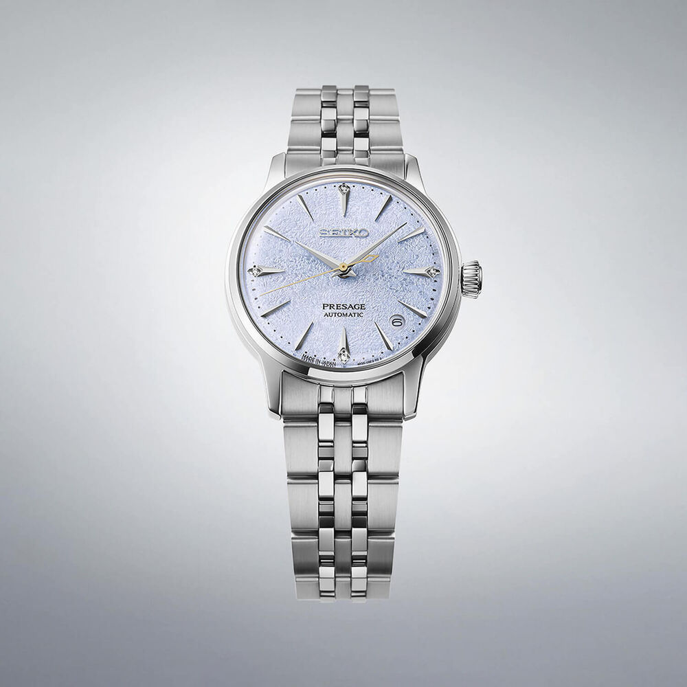 Seiko Presage 'Frozen Skydiving' Diamond Cocktail Time 34mm Blue Dial Steel Bracelet Watch image number 3