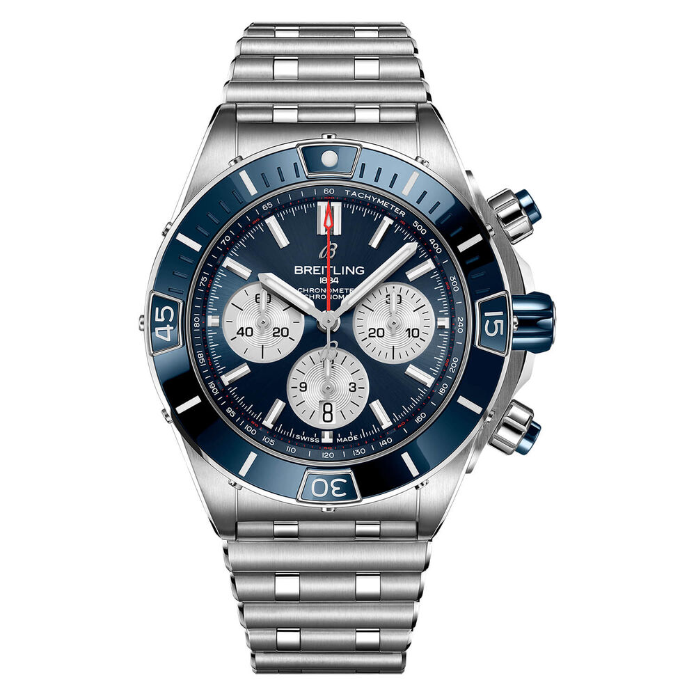 Breitling Super Chronomat 44mm Silver Subdials Blue Ceramic Case Watch