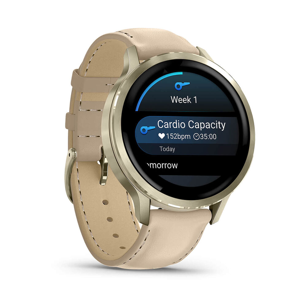 Garmin Venu 4 41mm Lunar Gold Bezel Light Sand Leather Strap Watch image number 3