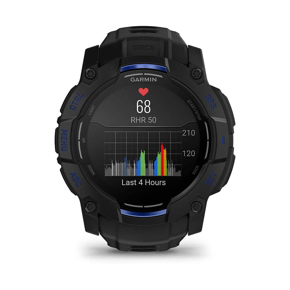 Garmin Instinct 3 50mm AMOLED Black Bezel Black & Bolt Blue Silicone Strap Watch image number 1