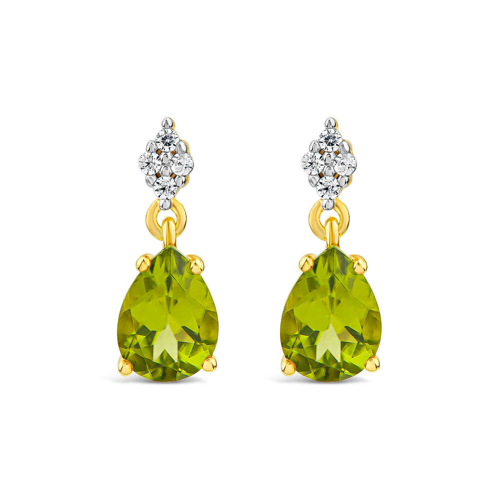9ct Yellow Gold Pear Peridot & 0.06ct Diamond Drop Earrings image number 0