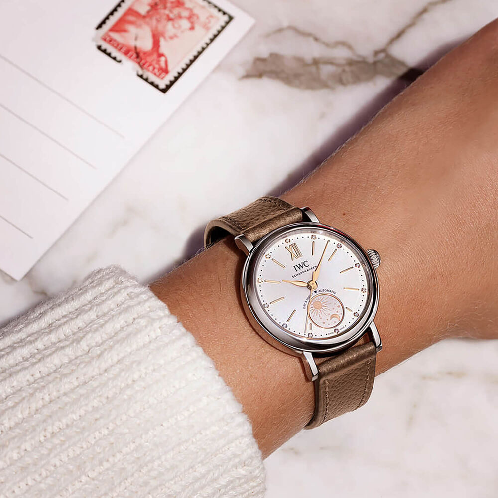 IWC Schaffhausen Portofino Automatic Day & Night 34mm White Dial Taupe Leather Strap Watch image number 7