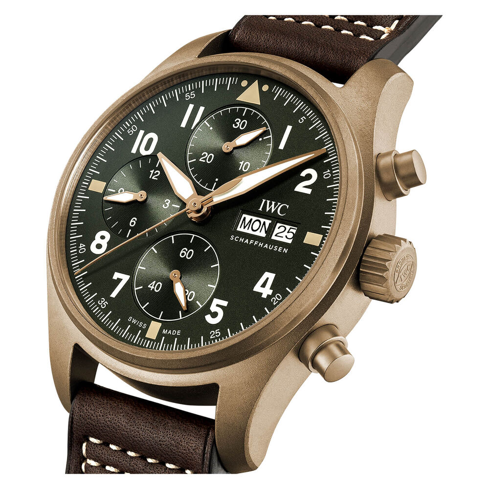 Pre-Owned IWC Schaffhausen Pilot's Watch Chronograph Spitfire Green Dial Brown Strap Watch image number 1