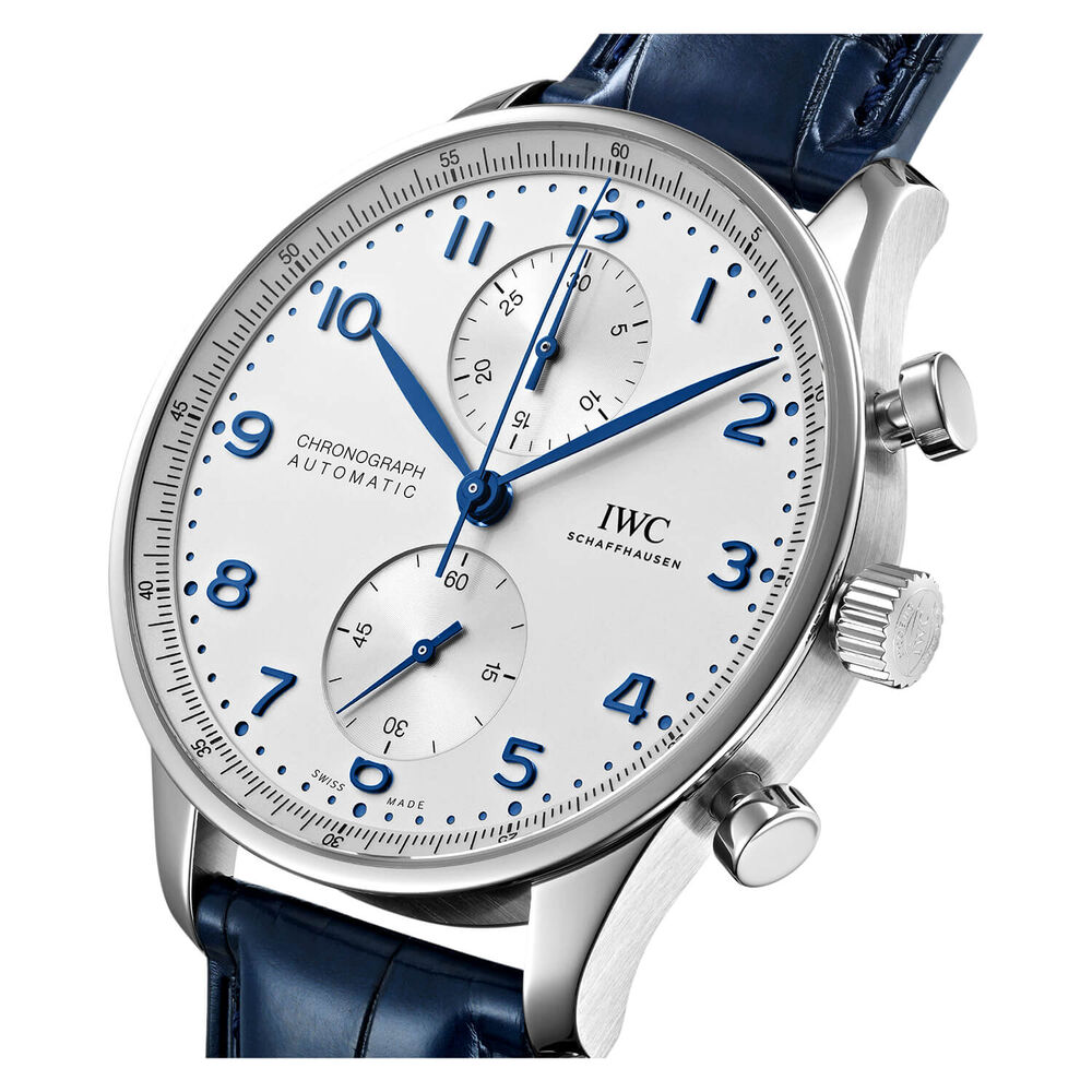 IWC Schaffhausen Portugieser Chronograph Silver Dial Blue Strap Watch image number 2