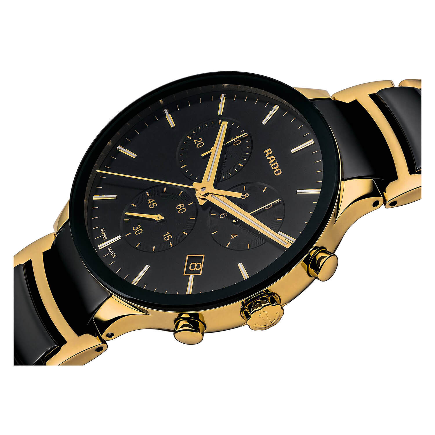 Rado Centrix Xl Black Ceramic Yellow Pvd Case Bracelet Watch at