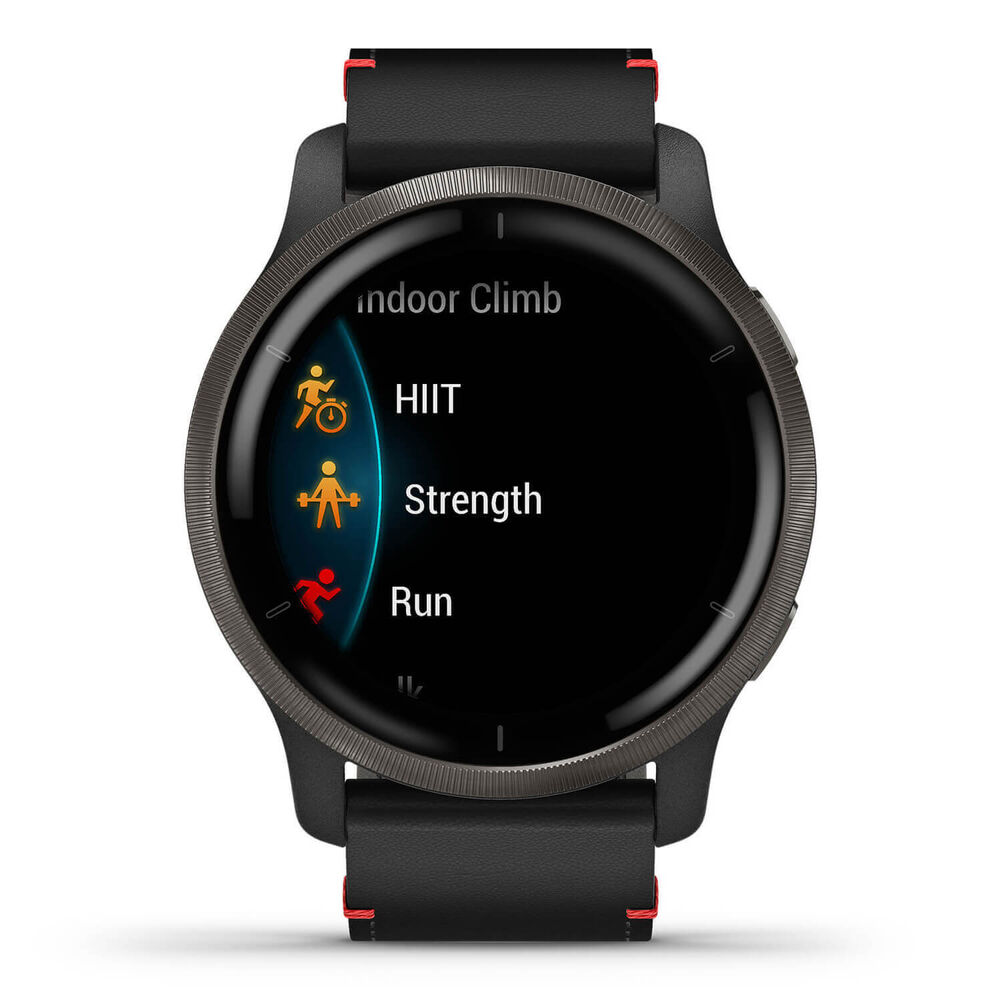 Garmin Venu 2 Black Case Black Leather Strap Watch