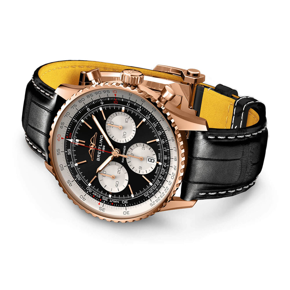 Breitling 18ct Navitimer B01 Chronograph 43 Black Dial Silver Details Black Strap Watch image number 2