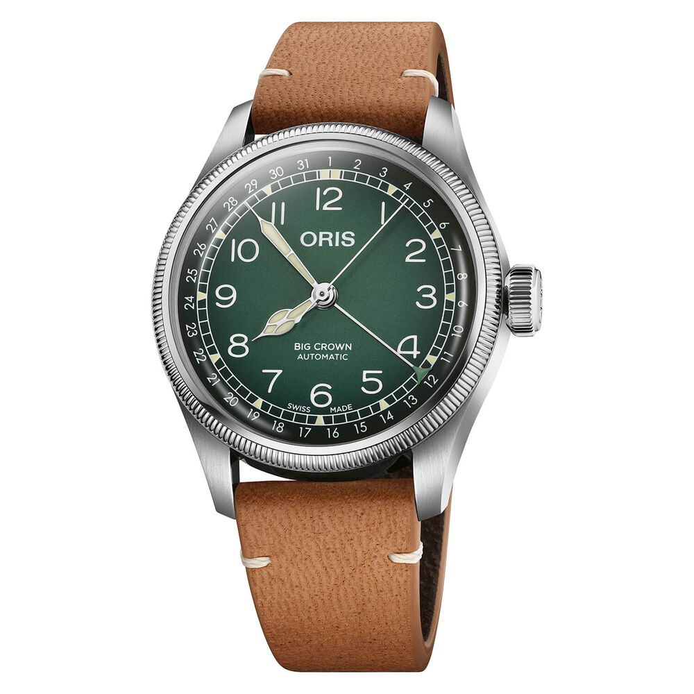 Oris Big Crown 38mm Green Dial Steel Case Tan Strap Watch image number 0