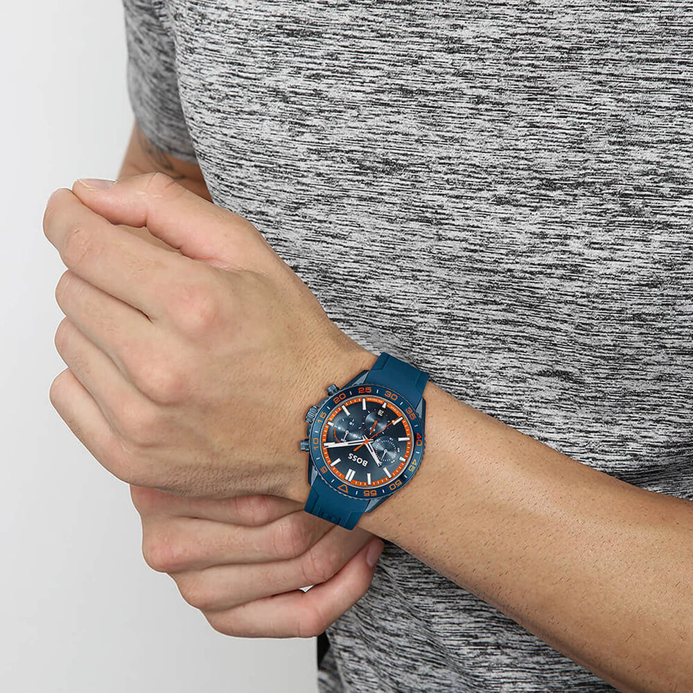 BOSS Runner Chronograph 44mm Blue Dial Silicone Strap Watch image number 4