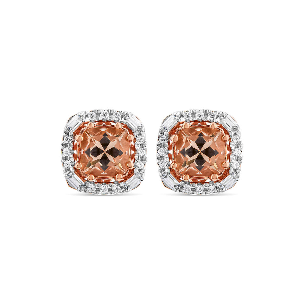 9ct Rose Gold Cushion Morganite & 0.20ct Baguette & Brilliant Diamond Surrounded Stud Earrings