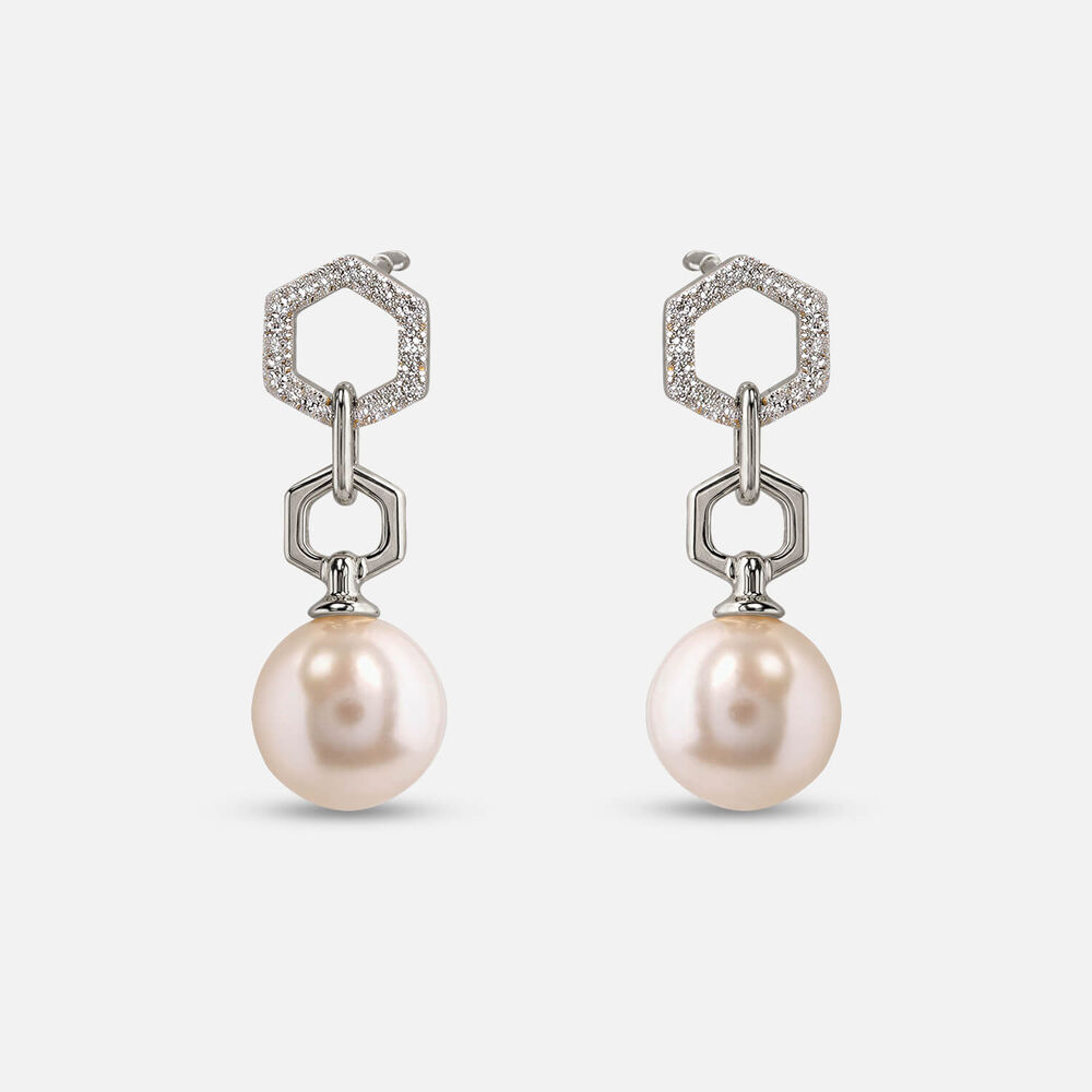 9ct White Gold Freshwater Pearl 0.05ct Diamond Hexagon Top Drop Earrings