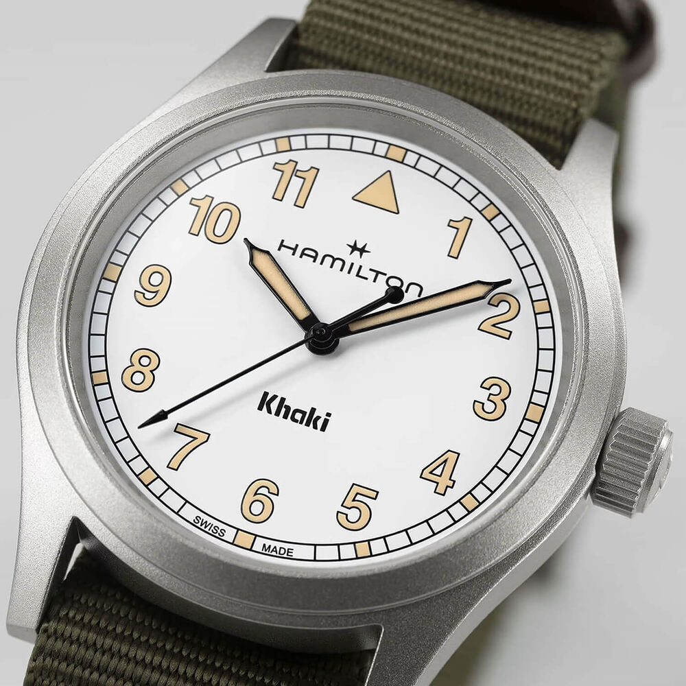 Hamilton Khaki Field Quartz 38mm White Dial Steel Case Green Strap Watch image number 1